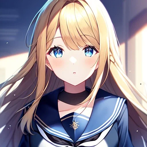 girl, masterpiece, best quality, volumetric lighting, detailed outfit, perfect eyes, long hair, golden hair, blue eyes, black stockings, school outfit, braided ponytail,