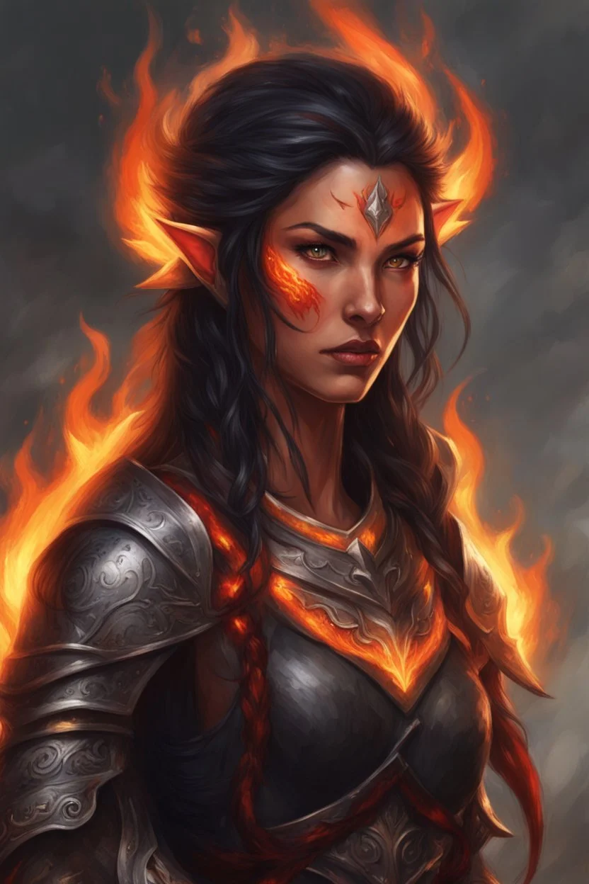 Picture a fierce eladrin druid with blazing jet-black hair on fire, conjuring flames with her hands. Her eyes shine bright red with a fiery intensity. Flames dance within her half-braided, cascading hair. Clad in minimalistic armor, she channels magic and fire, a scar on her face revealing battles fought. Tanned skin complements her commanding presence, embodying strength and elemental mastery in a straightforward blaze of intensity.