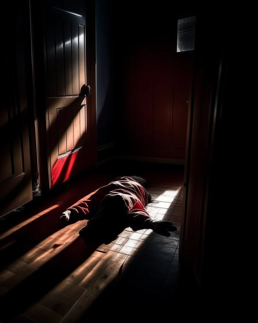 In a dark room, a shadow behind a light streams in through an open door symbolizing new possibilities, hope, and overcoming problems.a man is laying down dead with his face is bloody