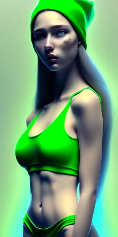 girl, sexy, beautiful, long hair, wavy hair, green hair, blue eyes, green beanie, green swim suit,big boobs, black tee shirt,full body portrait, 8k resolution concept art portrait by Greg Rutkowski, Artgerm, WLOP, Alphonse Mucha dynamic lighting hyperdetailed intricately detailed