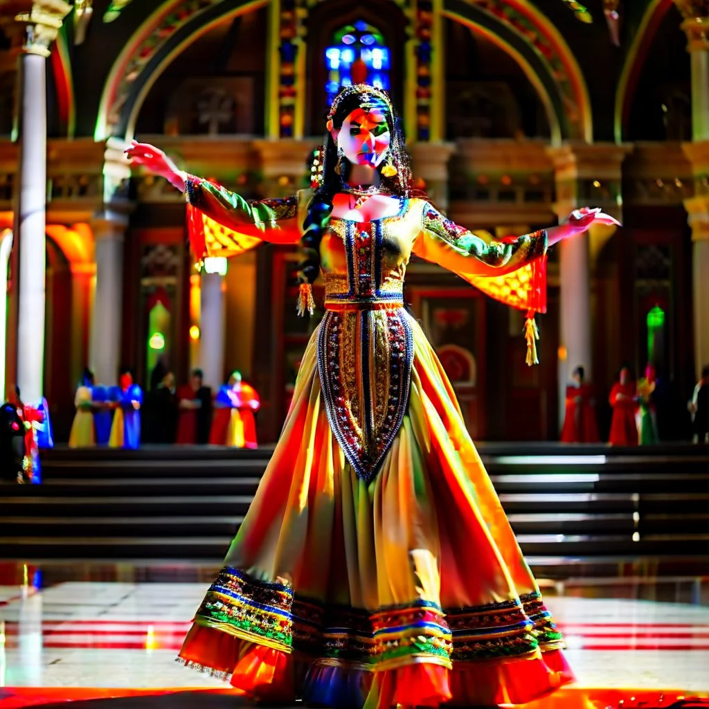 azeri female full bdy with traditional dance clothing in modern stage in a royal hall