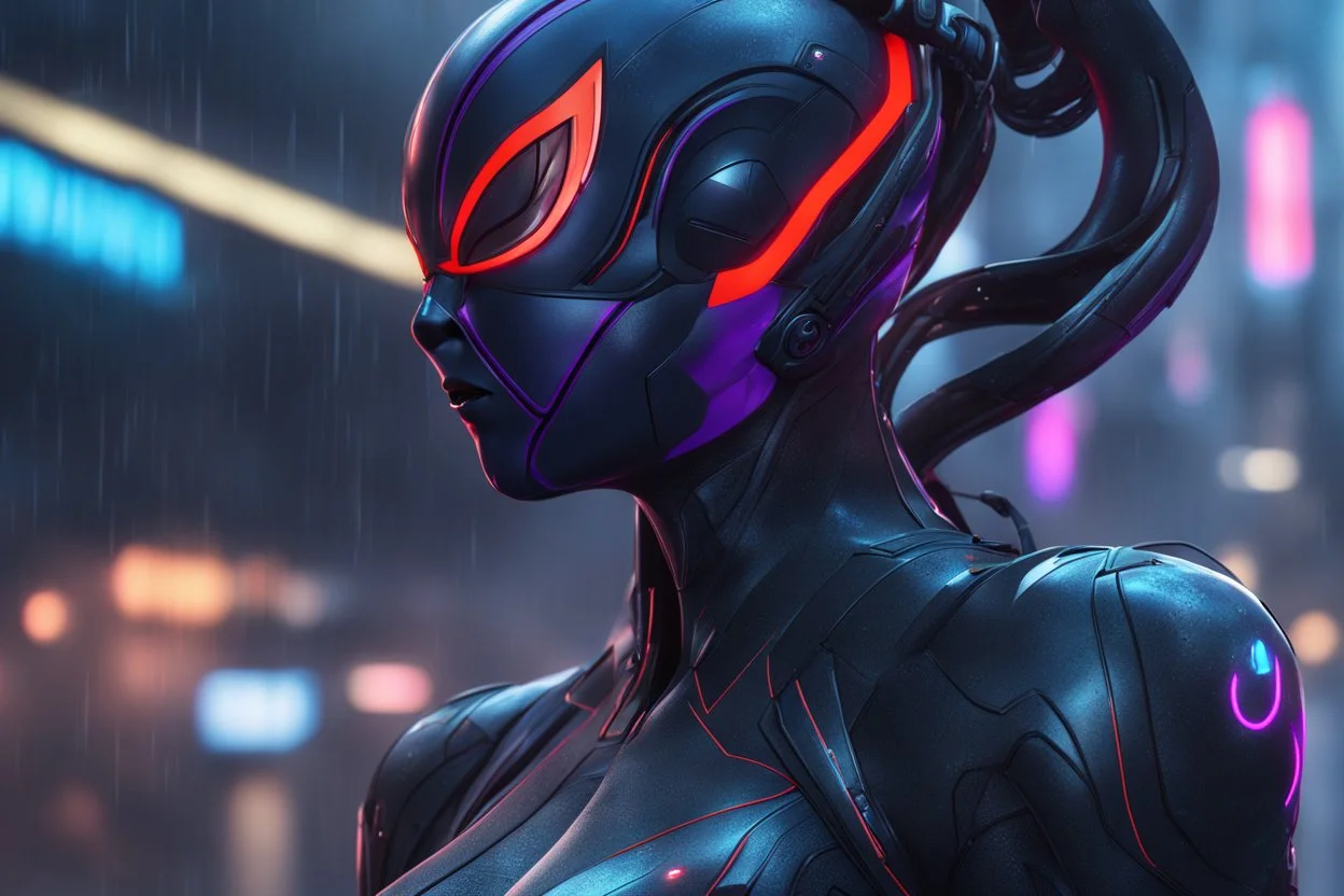Widowmaker in 8k anime cgi artstyle, spider them, neon effect, close picture, rain, apocalypse, intricate details, highly detailed, high details, detailed portrait, masterpiece,ultra detailed, ultra quality