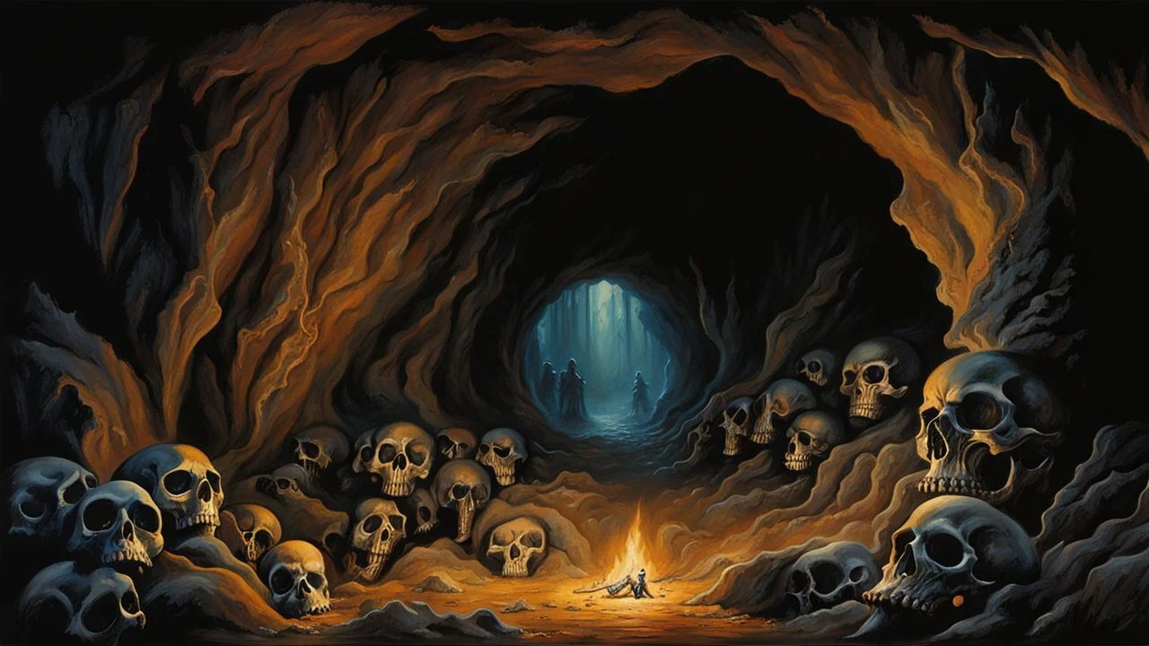 Underground cave full of bones. Painted by Boris Vallejo