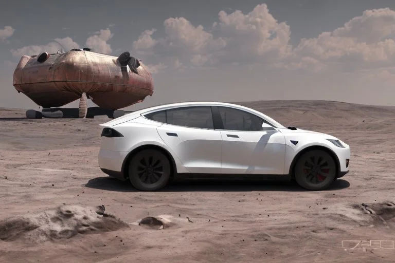 A Tesla 'Model S' is parked, at the lunar landing site of the 'Apollo 11'. (CINEMATIC, WIDE ANGLE LENS, PHOTO REAL)