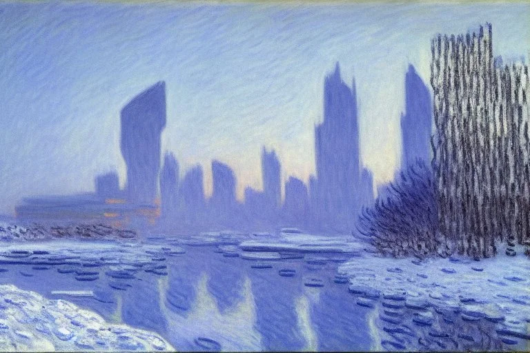 cyberpunk buildings near the frozen lake, winter, tendency to science fiction, realistic vision, claude monet painting