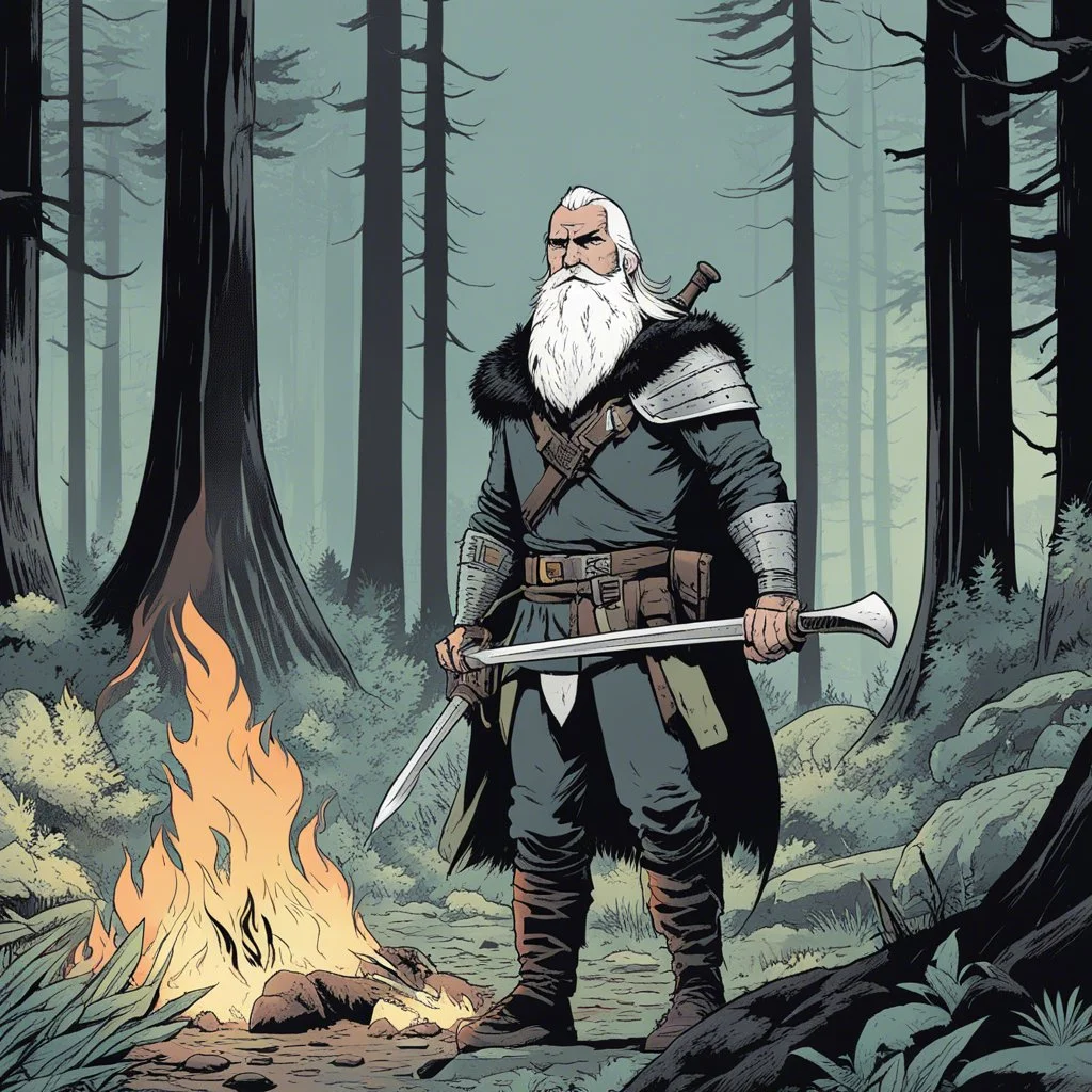 [comics Head Lopper style by Andrew MacLean] Elliot Stabler as a ranger around a firecamp in the enchanted forest