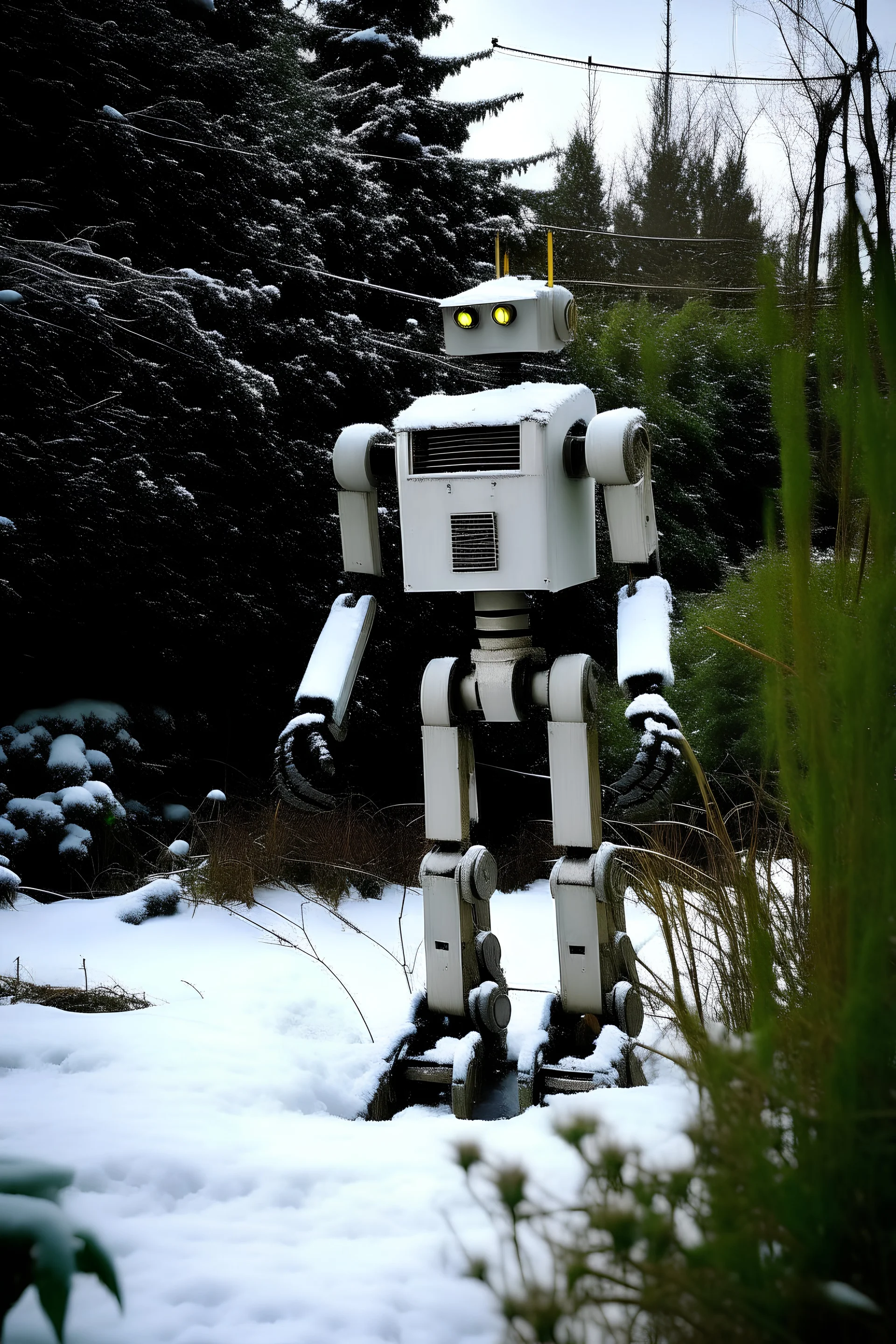 scary robot,tall,snow,garden