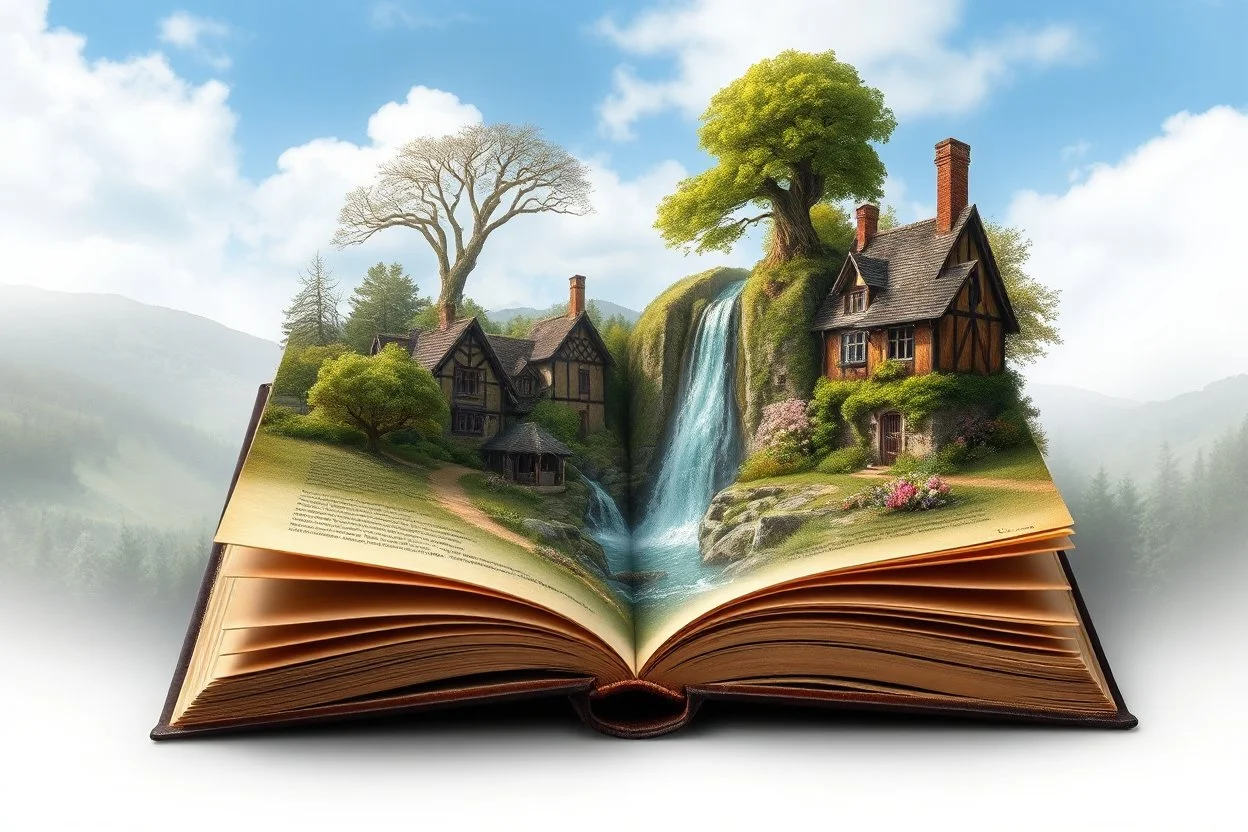 open book with a english-village with a waterfall in it,medieval fantasy.nature, surreal