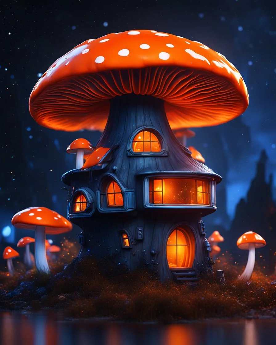 An illogical floating mushroom house on a clear moonless night. . Bright Bold Bright Colors, orange blue white, Starry Dark cosmic interstellar. Detailed Matte Painting, deep color, fantastical, intricate detail, splash screen, hyperdetailed, insane depth, concept art, 8k resolution, trending on Artstation, Unreal Engine 5, color depth, backlit, splash art, dramatic, High Quality Whimsical Fun Imaginative Bubbly, perfect composition