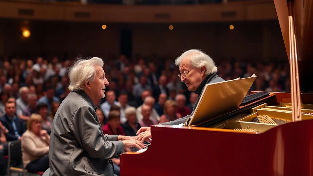 Two Elderly pensioners playing a duet together on a piano on a concert hall stage in front of a large audience. Photographic quality and detail, award-winning image, beautiful composition.