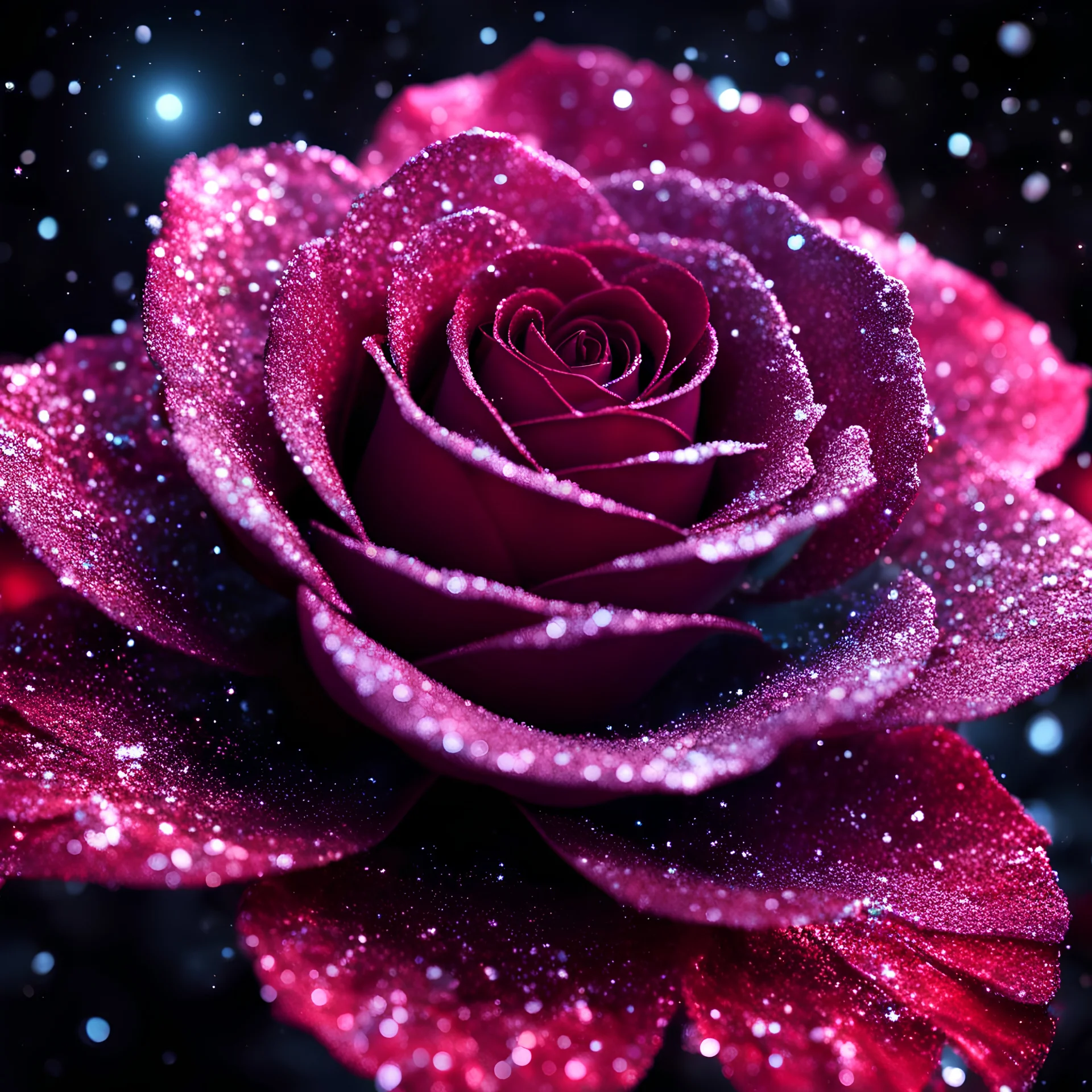 a (frozen:1.1) cosmic rose, the petals glitter with a crystalline shimmer, swirling nebulas, 8k unreal engine photorealism, ethereal lighting, red, nighttime, darkness, surreal art, black background