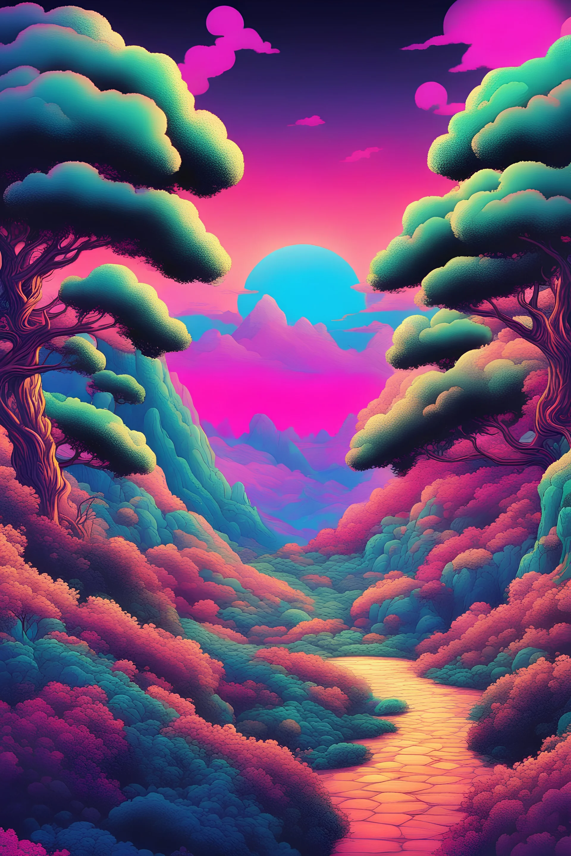 in the style of artgerm, comic style,3D model, mythical 80s landscape, negative space, space quixotic dreams, temporal hallucination, psychedelic, mystical, intricate details, very bright neon colors, 1080x1920, pointillism, very high contrast, chiaroscuro