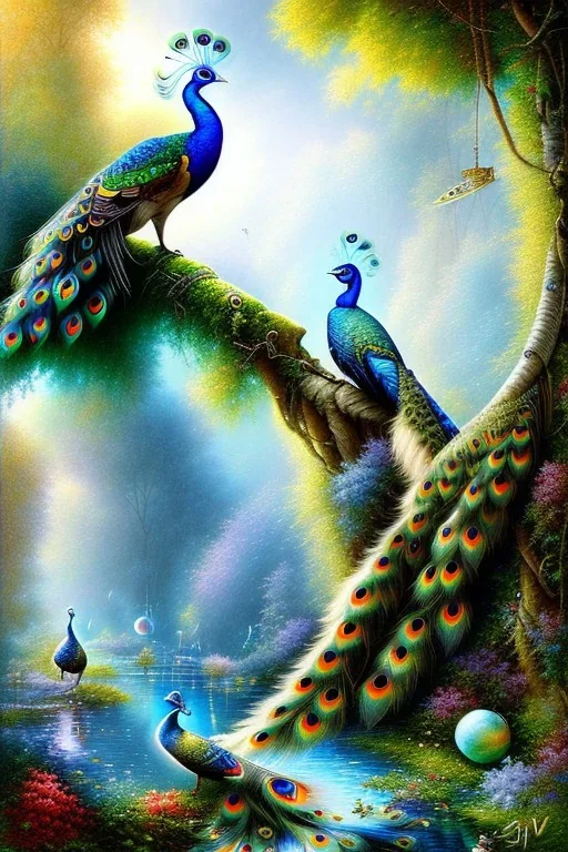 beautiful peacock, jungle, mystical, dreamlike, Neo-Impressionism, fine detail, high quality,