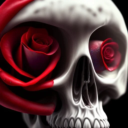 Cracked Skull and red rose, marble texture, dark, fantasy art, shallow depth of field, macro lens, unreal engine 5, ultra detailed,8k, HDR, hyperphotorealistic, bone, set in fire