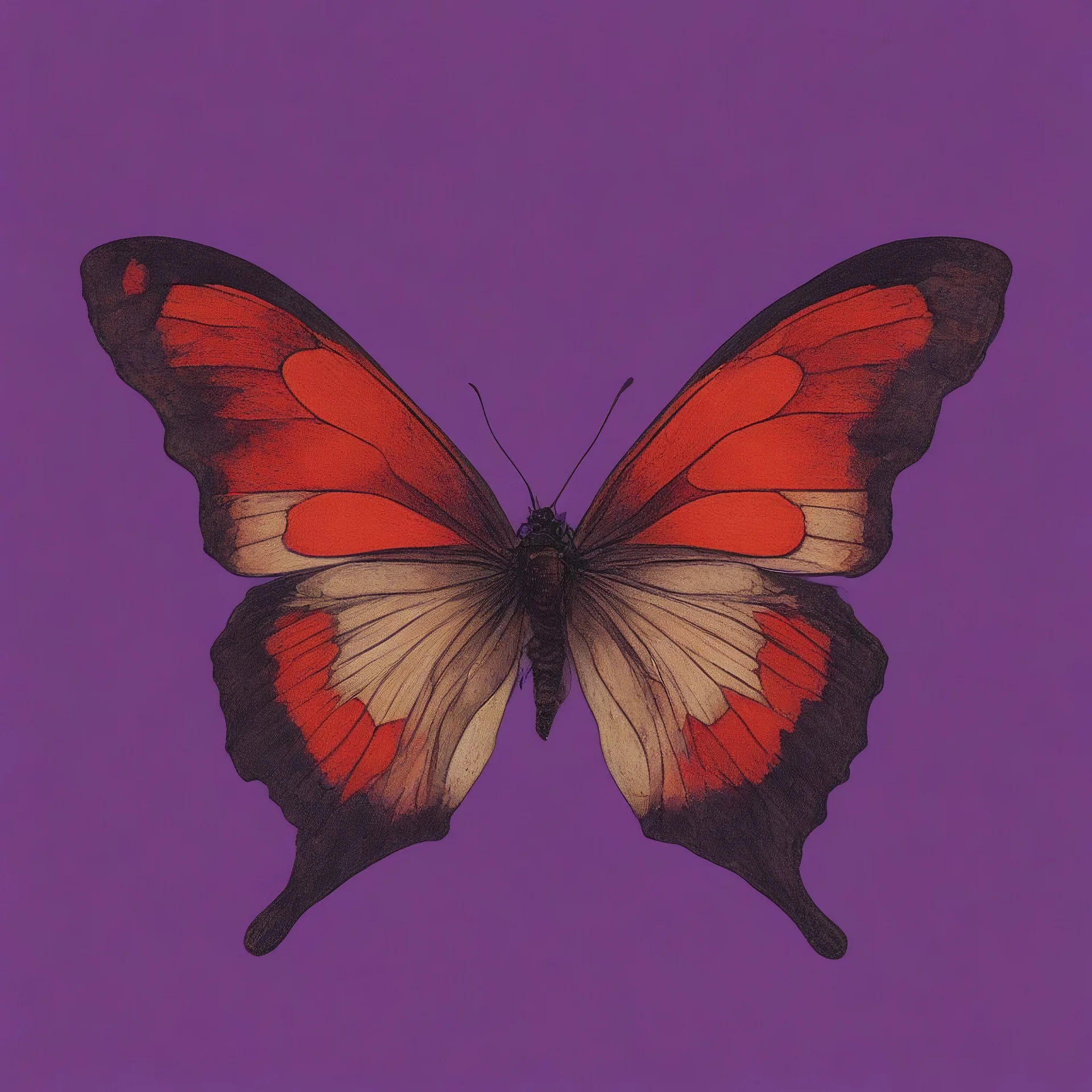 A butterfly, red, in the style of egonSchiele, purple background