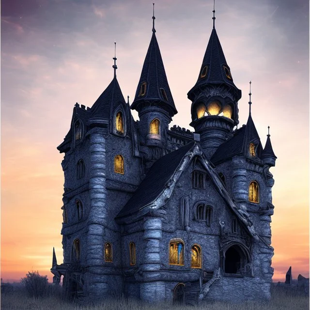 nightsky, blue, black, fields, abandoned buildings, ruins, cottage, gothic castle, metallic, gold, shiny,