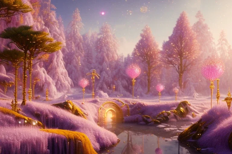 gold and light delicate violet fuchsia crystal galactique landscape, full of details, smooth, bright sunshine，soft light atmosphere, light effect，vaporwave colorful, concept art, smooth, extremely sharp detail, finely tuned detail, ultra high definition, 8 k, unreal engine 5, ultra sharp focus