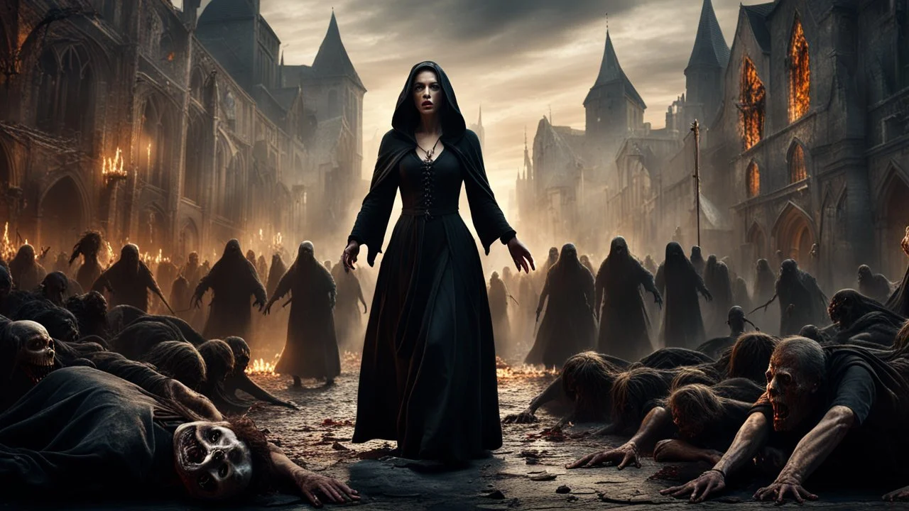 a horrifying female sorcerer in black cloth leading an army of rotting zombies through a burning medieval city. the apocalypse. magic in the sky. fantasy setting. blood. intense horror. blind terror. scared to death. a masterpiece, fantasy concept art, dynamic lighting, hyperdetailed, intricately detailed, deep color, Unreal Engine, volumetric lighting, Epic cinematic brilliant stunning intricate meticulously detailed dramatic atmospheric maximalist digital matte painting