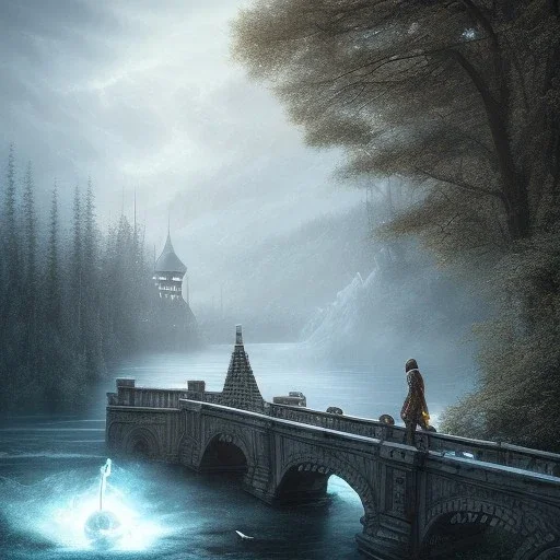 fantasy art, book illustration, upper body of big mad wizard in front of the ebony stairs of a bridge or dam ,icy water, on the bridge is a wolf, there is also a hawk and everything is seen from the tree tops