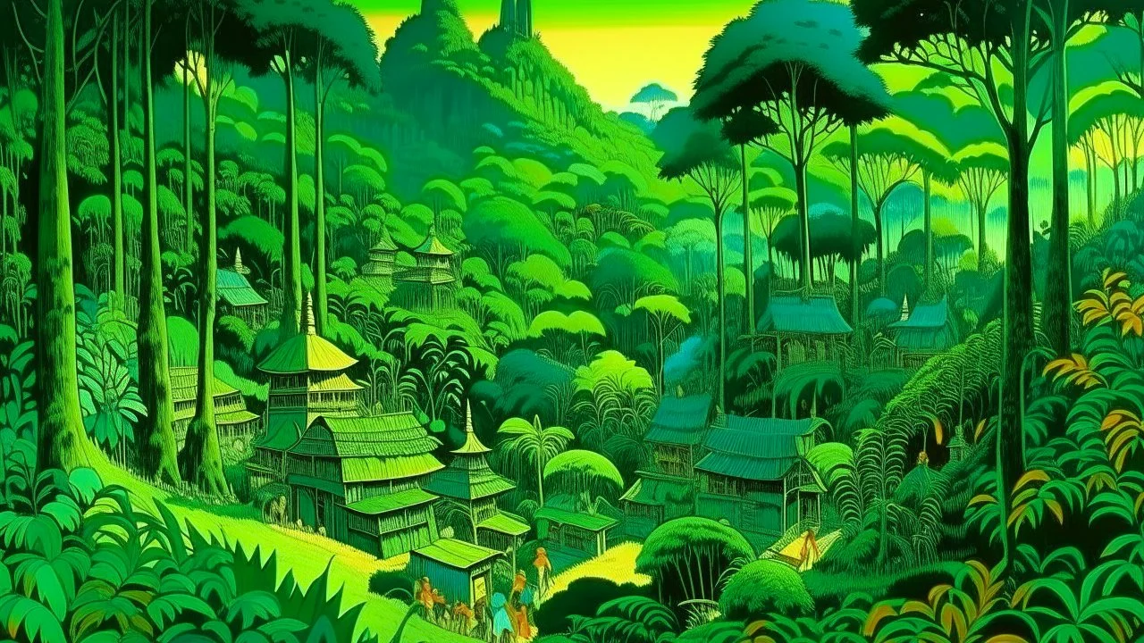 A green town in a jungle designed in Javanese shadow puppets painted by Frank Wilson