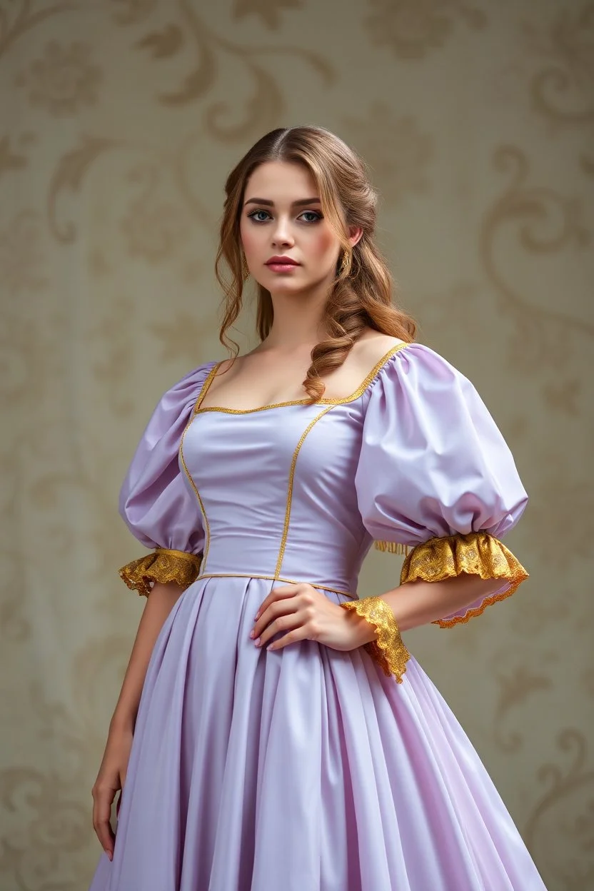 На ней было платье блио сиреневого и золотистого цвета, рукава в стиле рукава Марии.