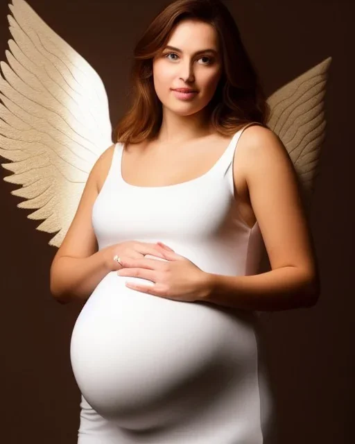 Beautiful pregnant young woman in angel costume, god lighting