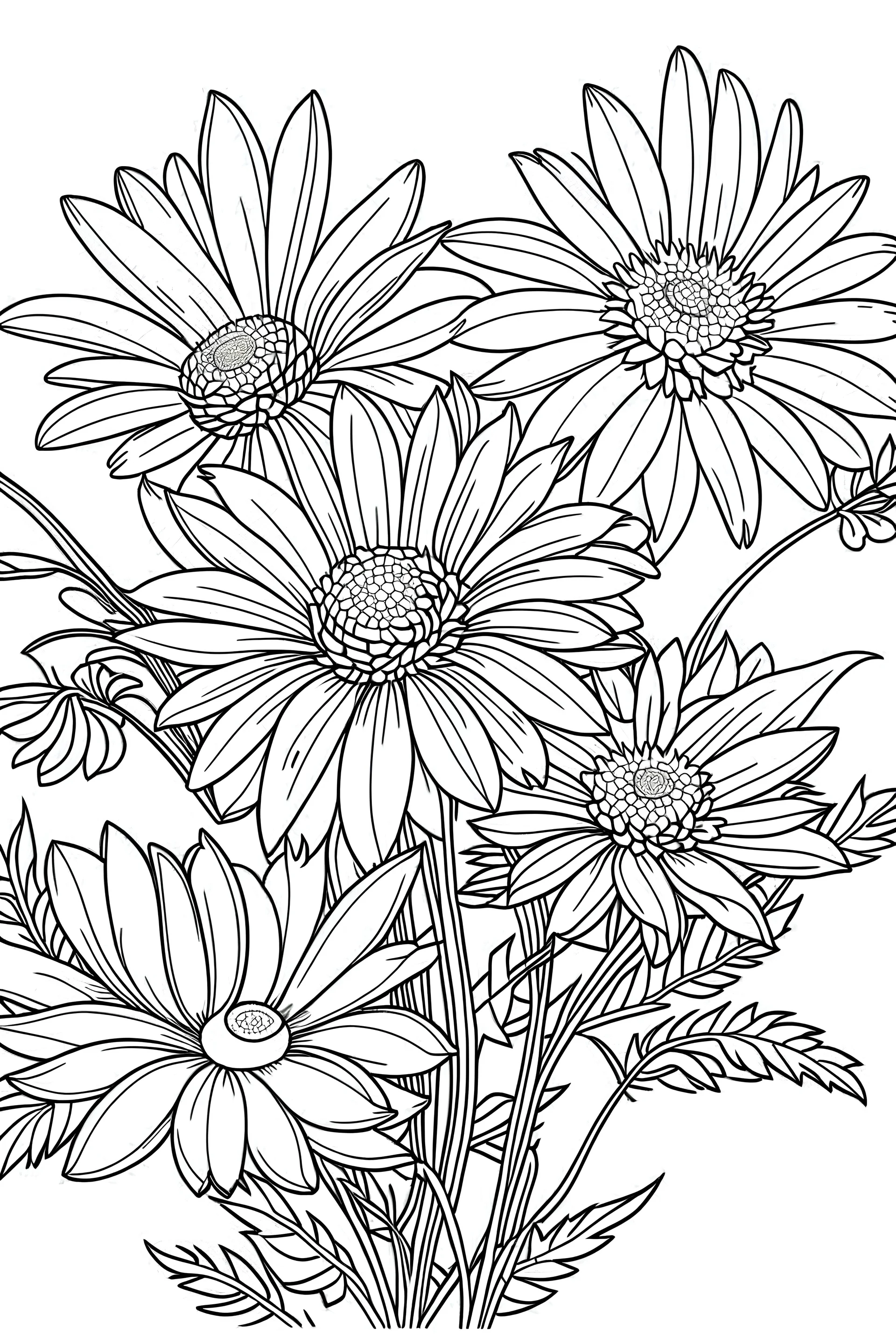 Outline art for coloring page, DAISIES, coloring page, white background, Sketch style, only use outline, clean line art, white background, no shadows, no shading, no color, clear