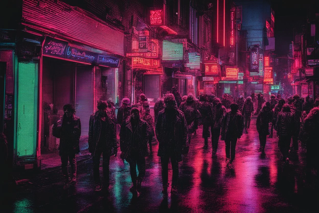 neon lights, city, street, people, gary numan influence