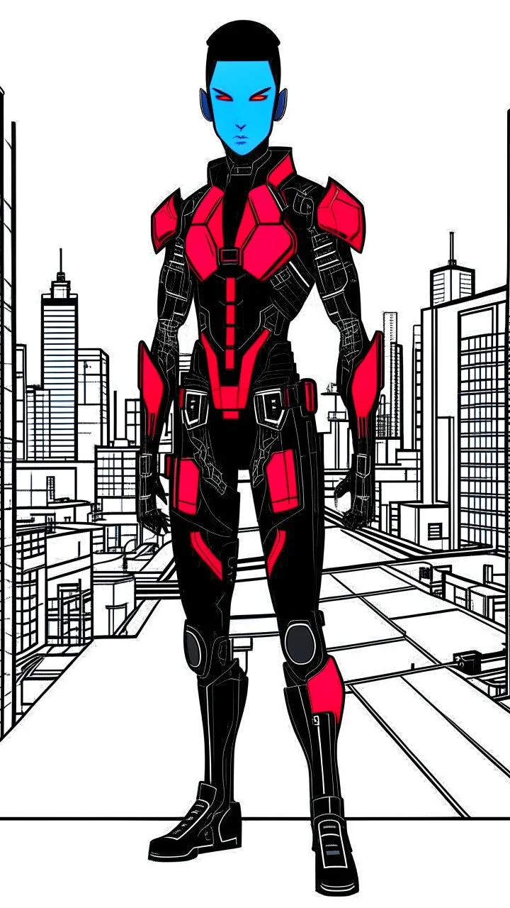 dibujo de contorno de un Elfo negro y rojo con traje cyberpunk, fondo ciudad, full body