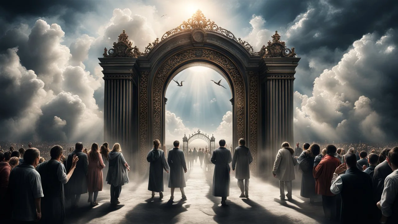 Hyper Realistic Photographic-Areal-View of Heaven & people reaching towards the gates of them showing dramatic & cinematic ambiance.