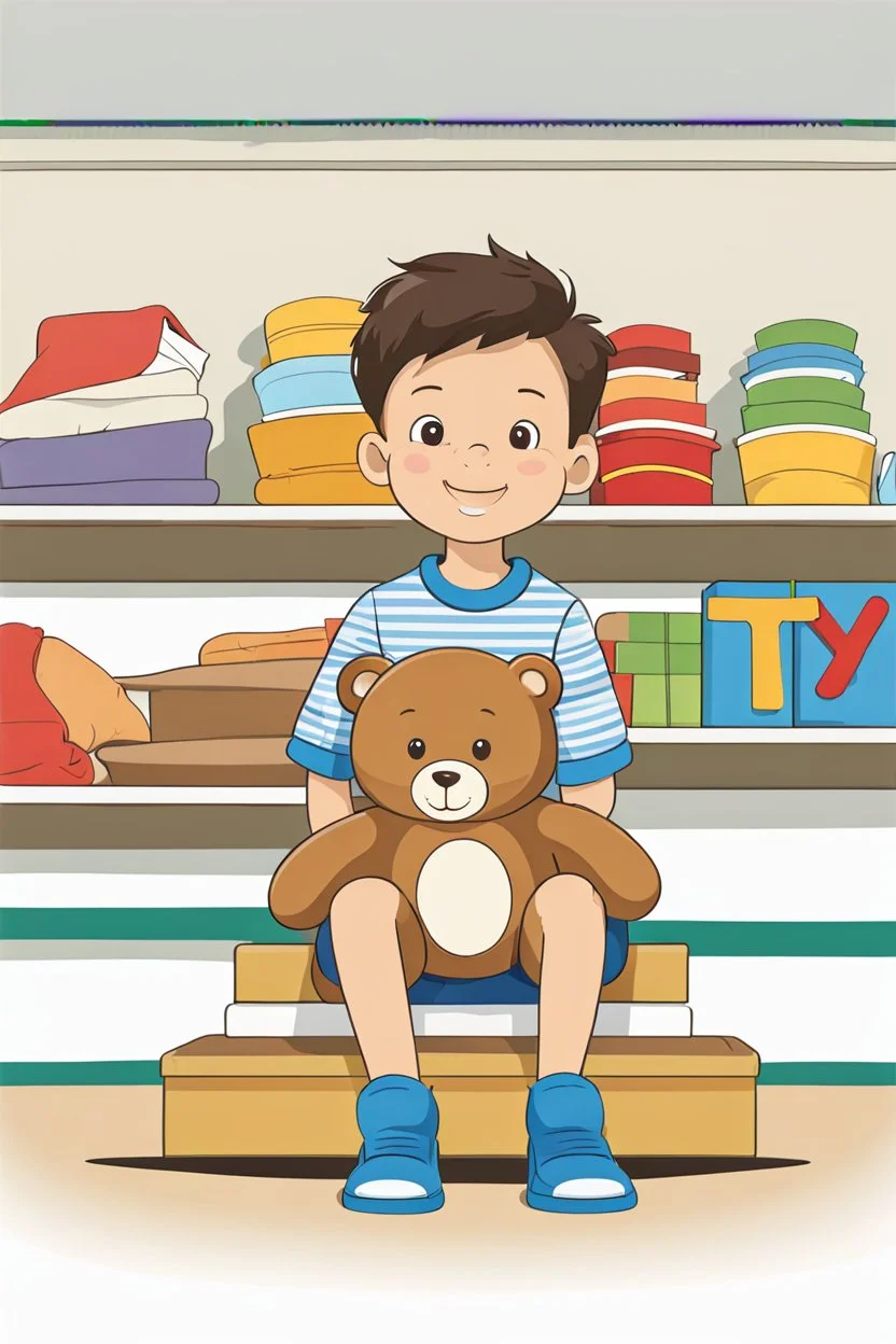 a young boy sitting on a shelf holding a teddy bear,7 years old, shirt