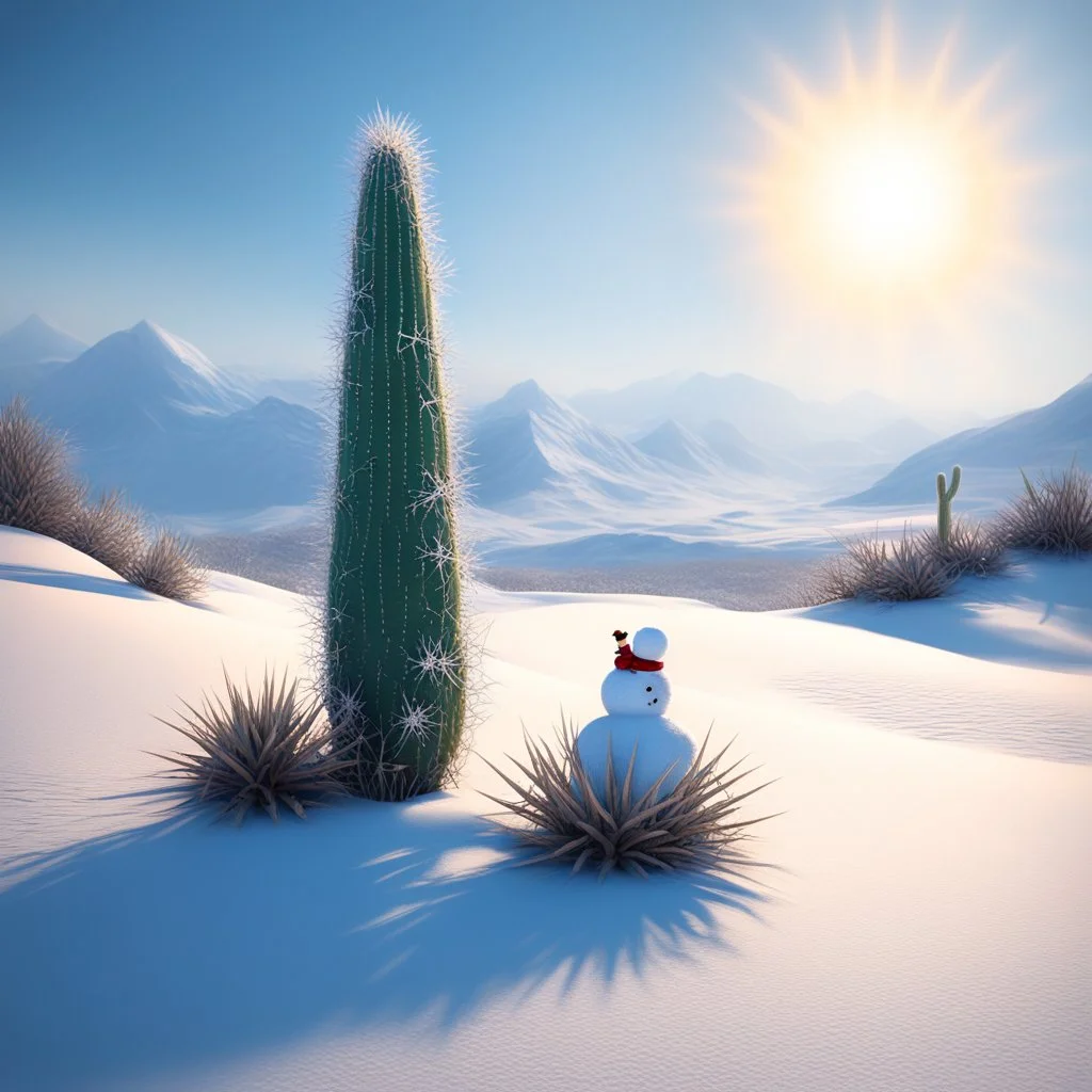 In the Frostwood Glade, where the icy winds whisper ancient secrets and the desert sands shift with mysterious intent, an unusual friendship blossomed. Amidst the stark contrast of frozen tundra and scorching dunes, a lone cactus stood tall, its spiky arms outstretched in an embrace around a snowman, his icy form melting under the blazing sun.