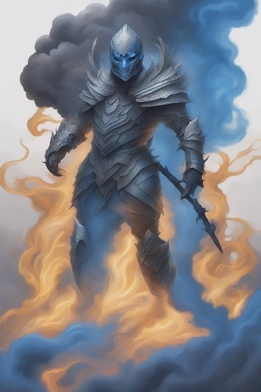 blue smoke in a shape of humanoid of colour of a storm wearing a scalemail armor