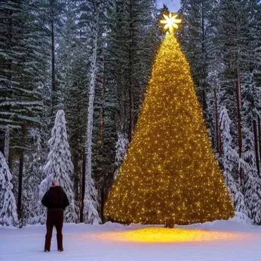 Huge lonely Christmas tree full of lights in a dark snowy forest, warm glow, small human standing next to it, dramatic scène, flying saucer