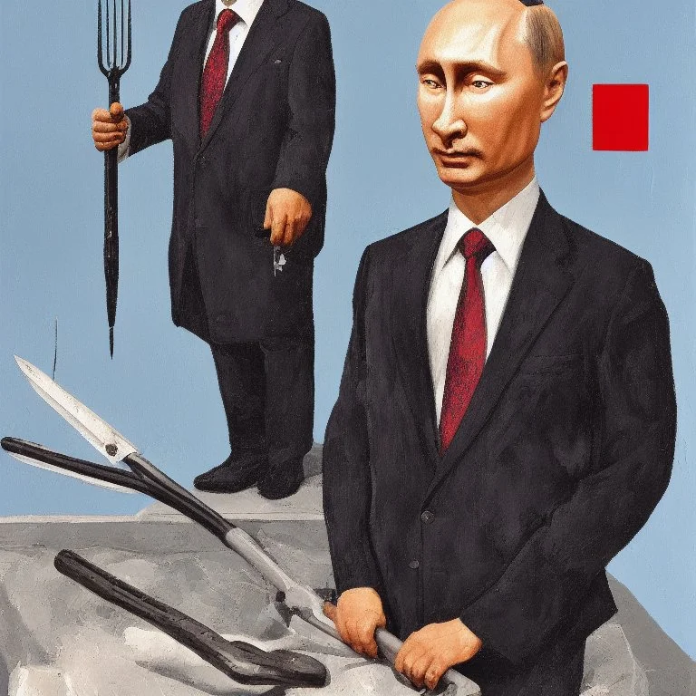 Putin Looking At A Statue Of Xi Jinping,complex surgical instruments,a sickle intermixed with a Axe, prosthetic legs,minimalism,Painting By Adrian Ghenie,Lucian Freud,Rene Magritte,Salvador Dali