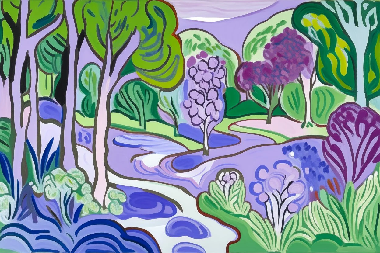 A light pale purple candy forest with a soda river painted by Henri Matisse