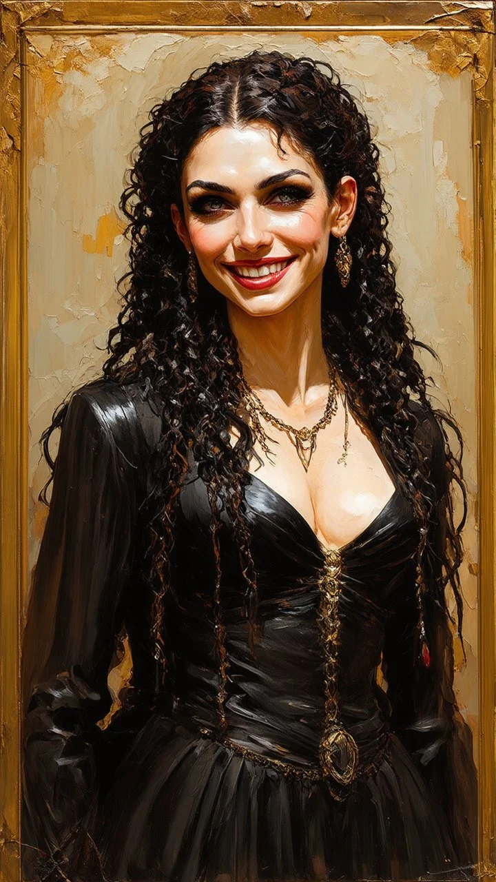 highly detailed, full body oil painting, petite, smiling, goth woman of Spanish and Lebanese heritage with long dark braided hair, sharply defined angular facial features, anatomic perfection, by Andrea Kowch> <Yoji Shinkawa><Arthur Rackham> <Jean-Giraud Moebius, saturated vibrant natural color tones, precisely drawn and inked, 8k resolution