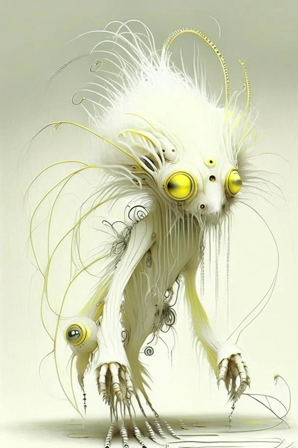 Artist Jean-Baptiste Monge style. A mechanical humanoid pale yellow filament-creature. White furry liquid tendrils. White eyes.