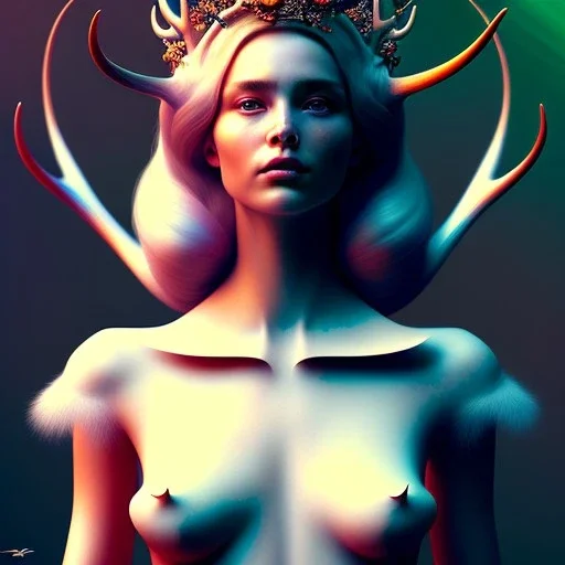 The painting on Behance portrays a female humanoid figure wearing a crown made of antlers. The artwork is inspired by artists such as Yoann Lossel, Sylvain Sarrailh, Igor Morski, Beeple, and James Jean, with an Afrofuturist theme. The high level of detail in the painting is noteworthy, with the woman depicted as having dark skin and wearing a crown of dried flowers, which is reminiscent of the style of artist Tom Bagshaw. The color and detail of the painting are particularly striking, making for