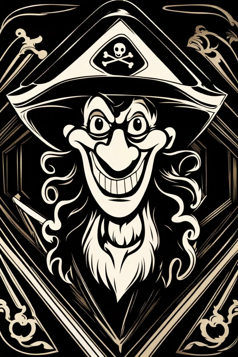 1970s goofy character of a pirate wearing a black hooded cloak, drawn in a early animation style, inside a lighter diamond shape on a black background, monochromatic