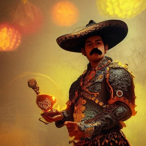 Insanely detailed photograph of an “ a mustachioed mariachi focusing on a glowing D20” with intricately detailed Sombrero, intricate armored charo, hyperdetailed painting by Ismail Inceoglu Huang Guangjian and Dan Witz CGSociety ZBrush Central fantasy art album cover art,8K, hdr, mysterious, flickeringlights ,Stoic