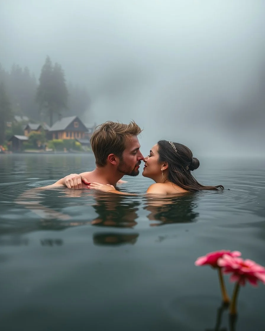 Portrait Romantic couple swimming kissing together in lake Wonderful landscape fantasy early morning heavy fog photography art Rivendell village,lake,magical forest and houses,beautiful mushrooms,roses flowers,little waterfall,lake,close up photo beautiful romance couples on swimming together in lake