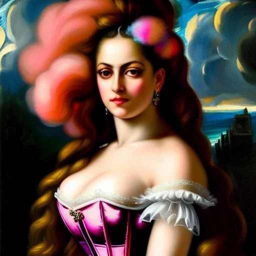 Ultra detailed fullbody Portrait in oil on canvas of beautiful busty veronica franco tintoretto with Dynamic CottonCandy Filigree Hair,intense stare,wearing tight corset,extremely detailed digital painting, extremely detailed face,crystal clear Big eyes, mystical colors ,perfectly centered image, ,perfect composition, rim light, beautiful lighting,masterpiece,16k, stunning scene, raytracing, anatomically correct, in the style of robert e howard and Ken Kelley and Ohrai Noriyoshi and Simon Bisley