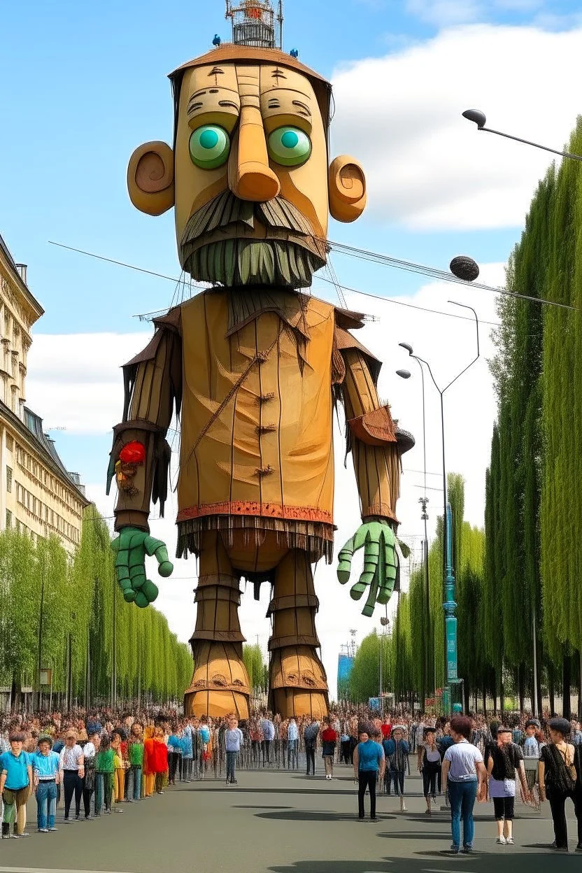 dessine un défilé de maritonnettes géantes, sur un très large boulard 'une ville. Des grues gérantes soutiennet les marionnettes géants et des techniciens au sol maniplues des cable pour controler la marionnette géante. Des personne de tous age rearde, de chaque coté, le défilé, avec joie et sourire et ave les mains dans les airs.