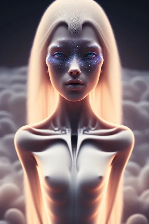 portrait full human body, meditation, beautiful eye, universe, fourth dimension, fractal, realistic, 8k, high quality, extreme detail, symmetrical nose, white natural long hair.