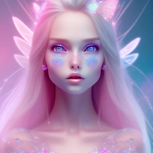  beautiful, soft, whide smile face, long blonde straight hair, blue eyes, fairy wings on the back, transparent crystal blue and pink clothes, background blue and pink, big definition, 8K