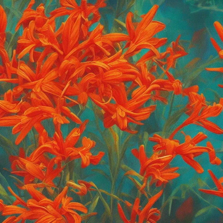 a highly detailed oil painting of Crocosmia, 4 k resolution, 8 k resolution, high resolution, surface design pattern, modernism, postcyberpunk