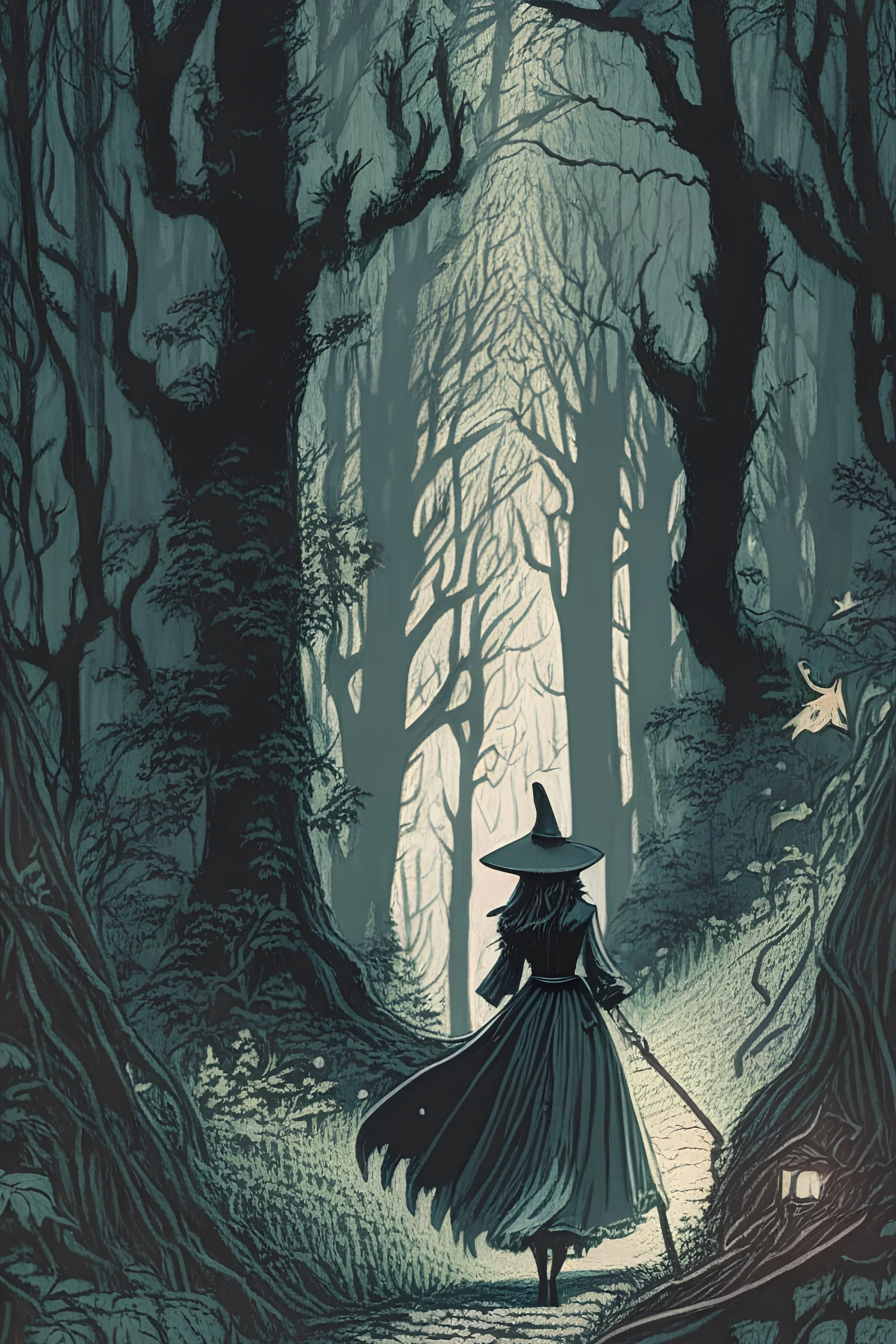 in the style of a Henry Justice Ford drawing, a beautiful witch walks through a forest