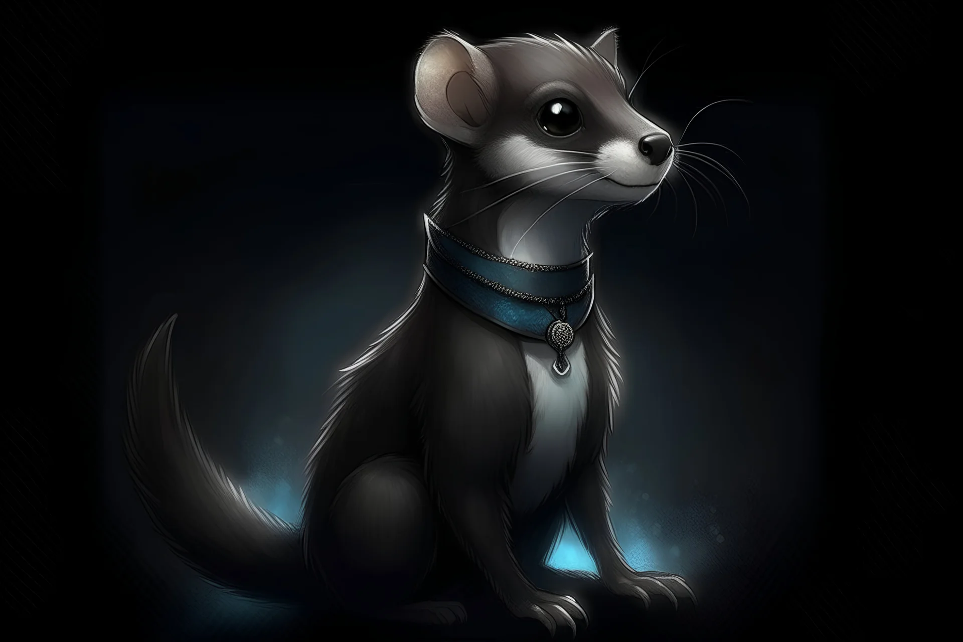 a sleek, magical weasel with fur that shifts between dark blacks and twilight grays. His eyes are large, sparkly, and filled with curiosity. Around his neck is a collar that softly hums and seems to be made of shadowy material. As Umbrus moves, you can picture small, arcane runes appearing and disappearing along his body, leaving a magical trace in the air. His paw pads are almost see-through. have him peaking out of a shadow