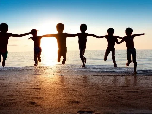 children jumping in water on a beach capture them against the sun and make an art silhouette, hyper details, real sharp, 8k, well detailed, well shaped